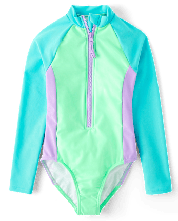 Girls Colorblock Rashguard One Piece Swimsuit