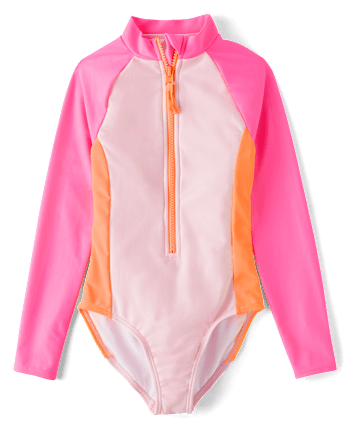 Girls Colorblock Rashguard One Piece Swimsuit