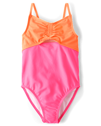 Girls Colorblock Ruched Cut-Out One Piece Swimsuit