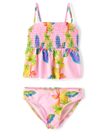 Girls Print Smocked Tankini Swimsuit