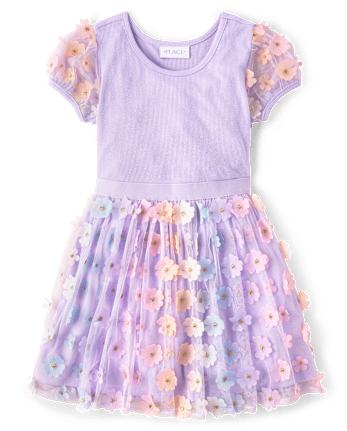 Girls 3D Flower Mesh Fit And Flare Dress