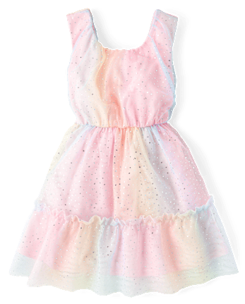 Girls Rainbow Shimmer Mesh Ruffle Dress