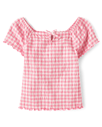 Girls Gingham Smocked Keyhole Top