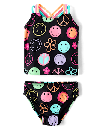 Baby And Toddler Girls Rainbow Happy Face Tankini Swimsuit