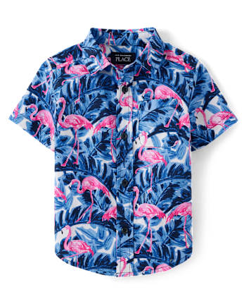 Baby And Toddler Boys Tropical Flamingo Poplin Button Up Shirt