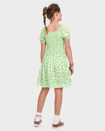 Girls Floral Smocked Ruffle Dress