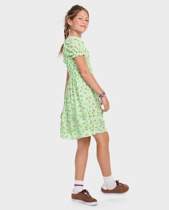 Girls Floral Smocked Ruffle Dress