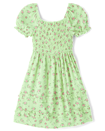 Girls Floral Smocked Ruffle Dress