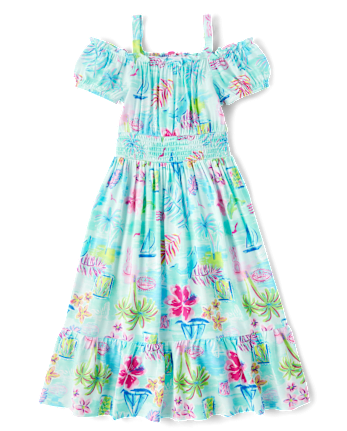 Girls Matching Family Tropical Midi Off Shoulder Dress