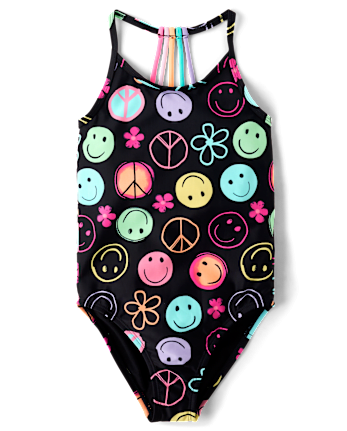 Girls Rainbow Happy Face One Piece Swimsuit