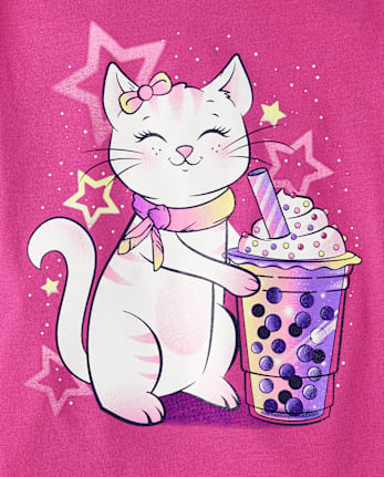 Girls Cat Drink Graphic Tee