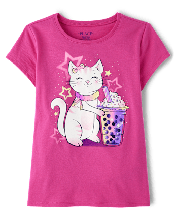 Girls Cat Drink Graphic Tee