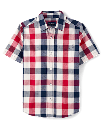 Boys Short Sleeve Gingham Poplin Button Up Shirt - BLUE