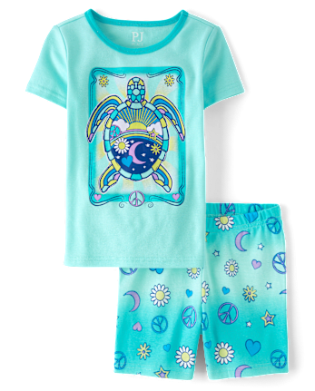 Girls Turtle Snug Fit Cotton Pajamas
