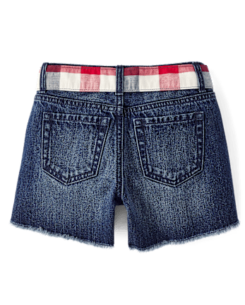 Girls Gingham Belted Denim Shortie Shorts