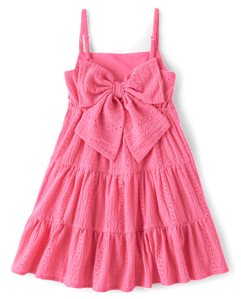 Girls Bow Back Eyelet Tiered Dress