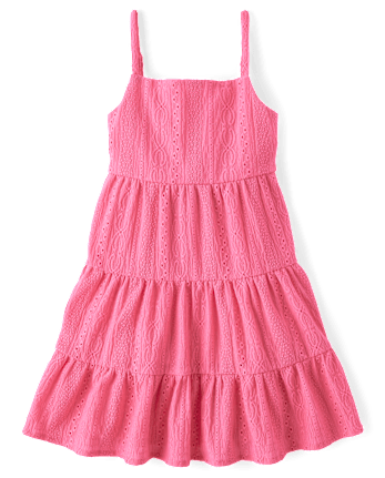 Girls Bow Back Eyelet Tiered Dress