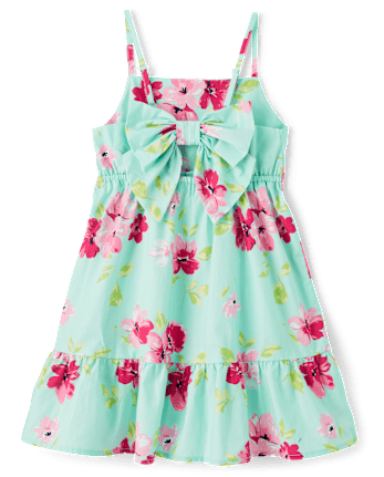Girls Floral Bow Back Poplin Tiered Dress
