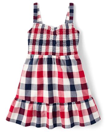 Girls Gingham Smocked Ruffle Dress