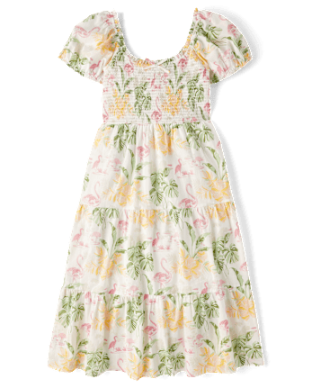 Robe mi-longue tropicale assortie à volants pour femme