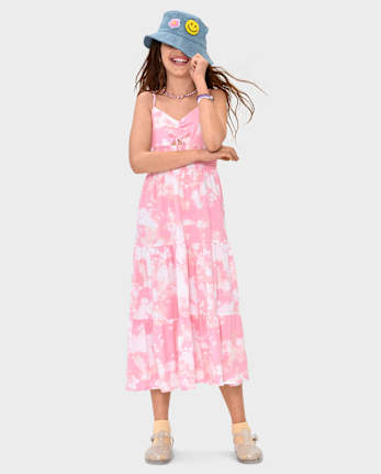 Girls Print Smocked Maxi Tiered Dress