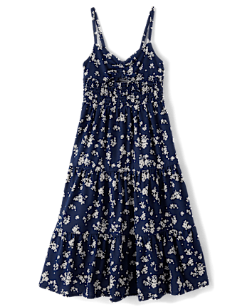 Girls Print Smocked Maxi Tiered Dress