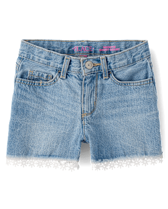 Girls Lace Hem Denim Shortie Shorts