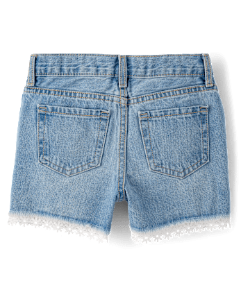 Girls Lace Hem Denim Shortie Shorts