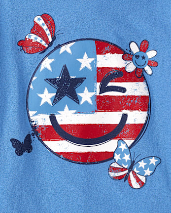 Girls American Flag Happy Face Graphic Tee