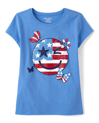 Girls American Flag Happy Face Graphic Tee
