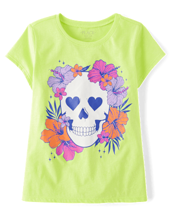 Girls Summerween Skull Flowers Graphic Tee