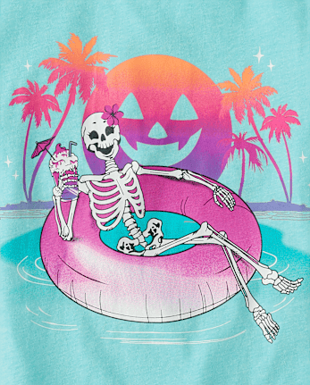 Girls Summerween Skeleton Pool Float Graphic Tee