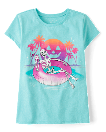 Girls Summerween Skeleton Pool Float Graphic Tee
