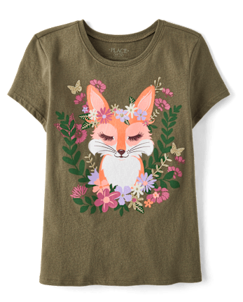 Girls Flower Crown Fox Graphic Tee