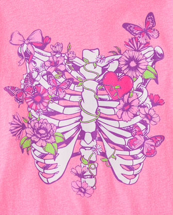 Girls Floral Skeleton Bones Graphic Tee