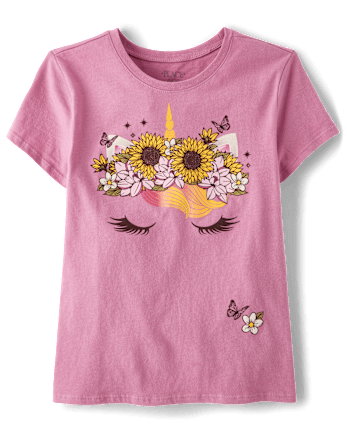 Girls Flower Crown Unicorn Graphic Tee