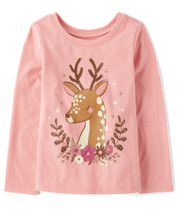 Baby And Toddler Girls Floral Deer Graphic Tee