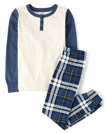 Boys Plaid Snug Fit Cotton Henley Pajamas
