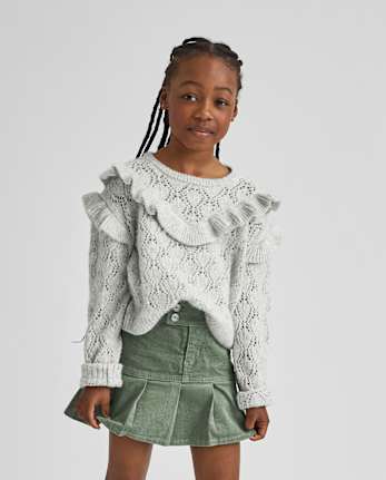Girls Ruffle Pointelle Sweater