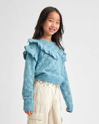 Pull pointelle à volants pour fille
