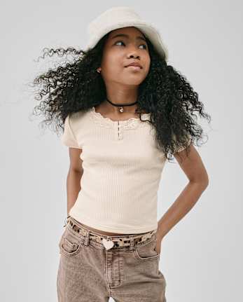 Girls Ribbed Lace Henley Top