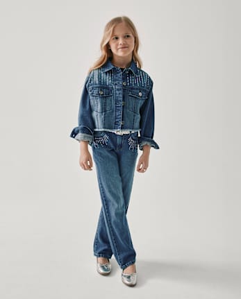 Girls Rhinestone Studded Denim Jacket
