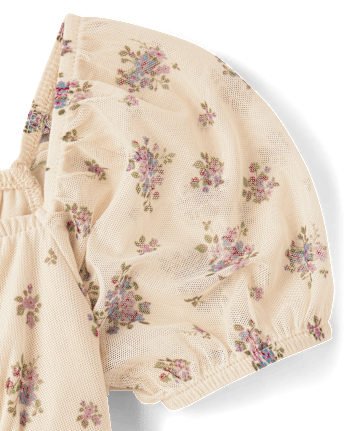 Girls Floral Mesh Puff Sleeve Dress