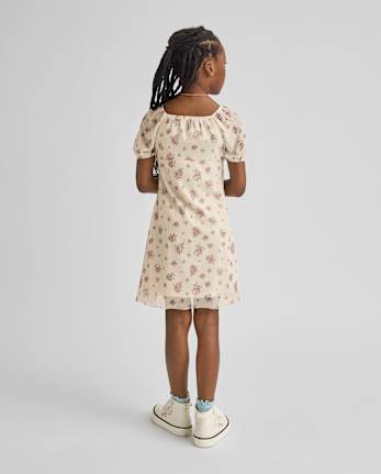 Girls Floral Mesh Puff Sleeve Dress