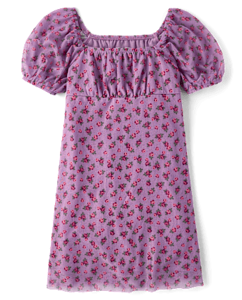 Girls Floral Mesh Puff Sleeve Dress