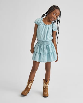 Girls Clip Dot Smocked Tiered Dress