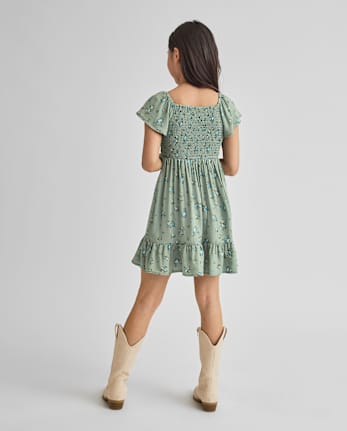 Girls Floral Smocked Ruffle Dress