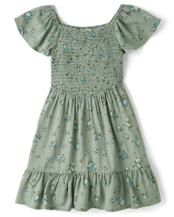 Girls Floral Smocked Ruffle Dress