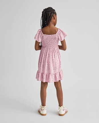 Girls Floral Smocked Ruffle Dress