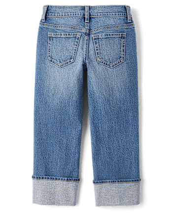 Girls Ripped Roll Cuff Straight Jeans